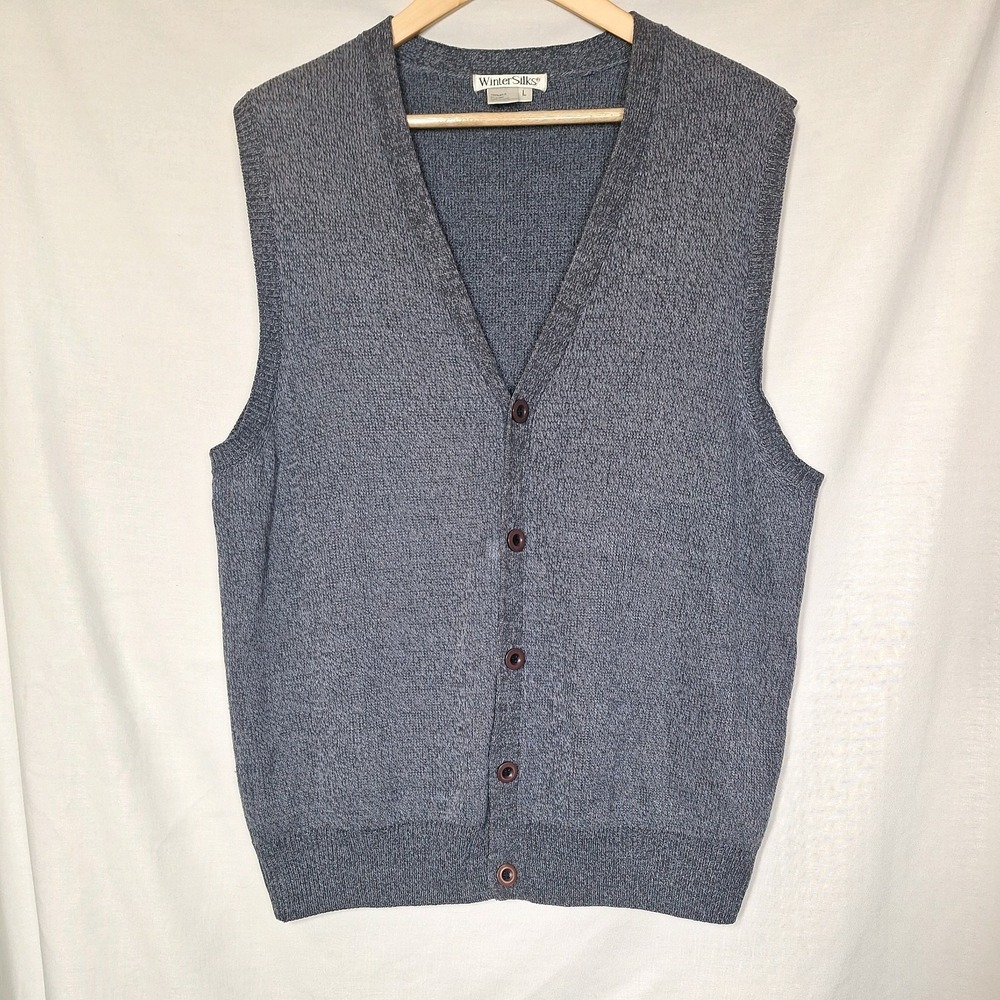 100% Silk Knit Sweater Vest L Slate Blue Knitted Button Up Sleeveless Cardigan